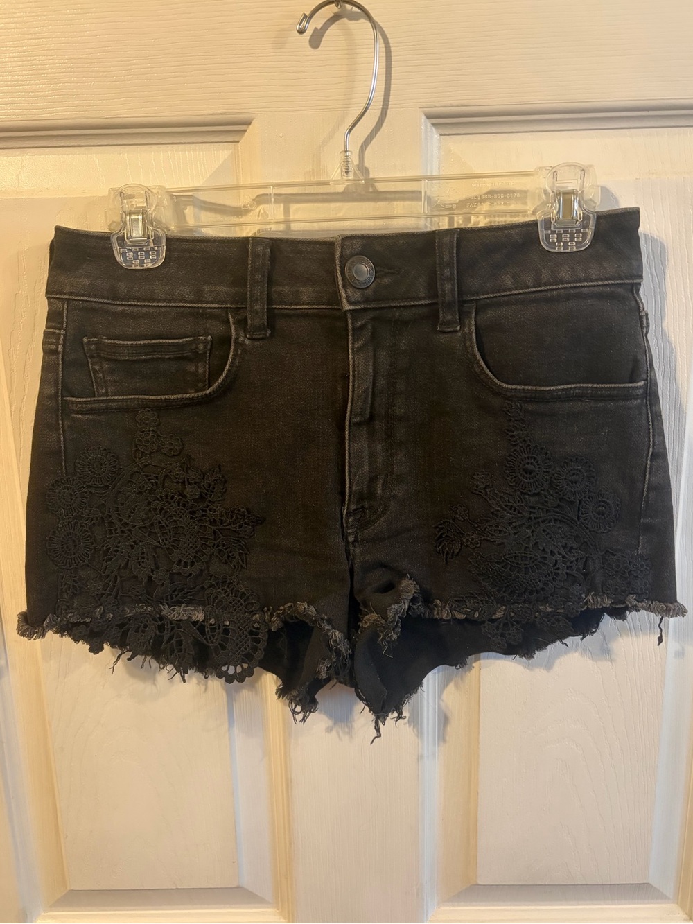 American Eagle High Rise Shortie Black Denim Shorts with Lace Appliqué Size 6